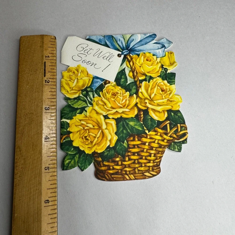 Vintage‎ Sangamon Get Well Soon Card Yellow Roses Basket Die Cut 5-1330 USA Made